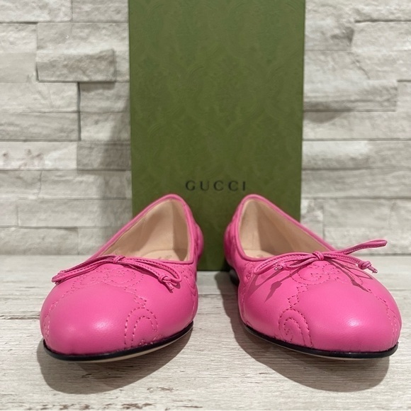 GUCCI Monogram Pink Quilted Matelasse Leather GG Bow Ballet Flats SZ 37.5 $920 - Picture 3 of 16